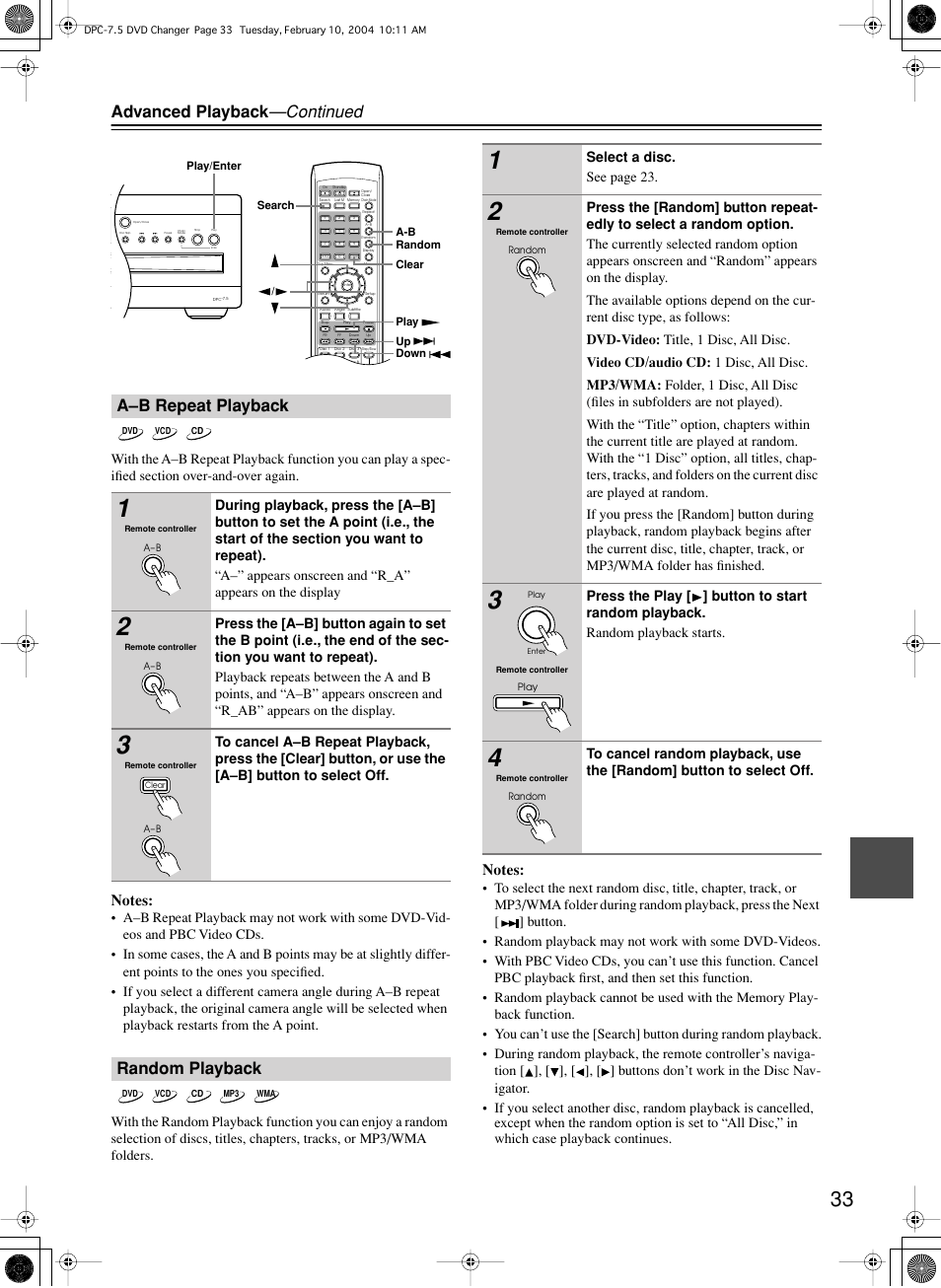 Advanced playback —continued, A–b repeat playback, Random playback | Integra DPC-7.5 User Manual | Page 33 / 48