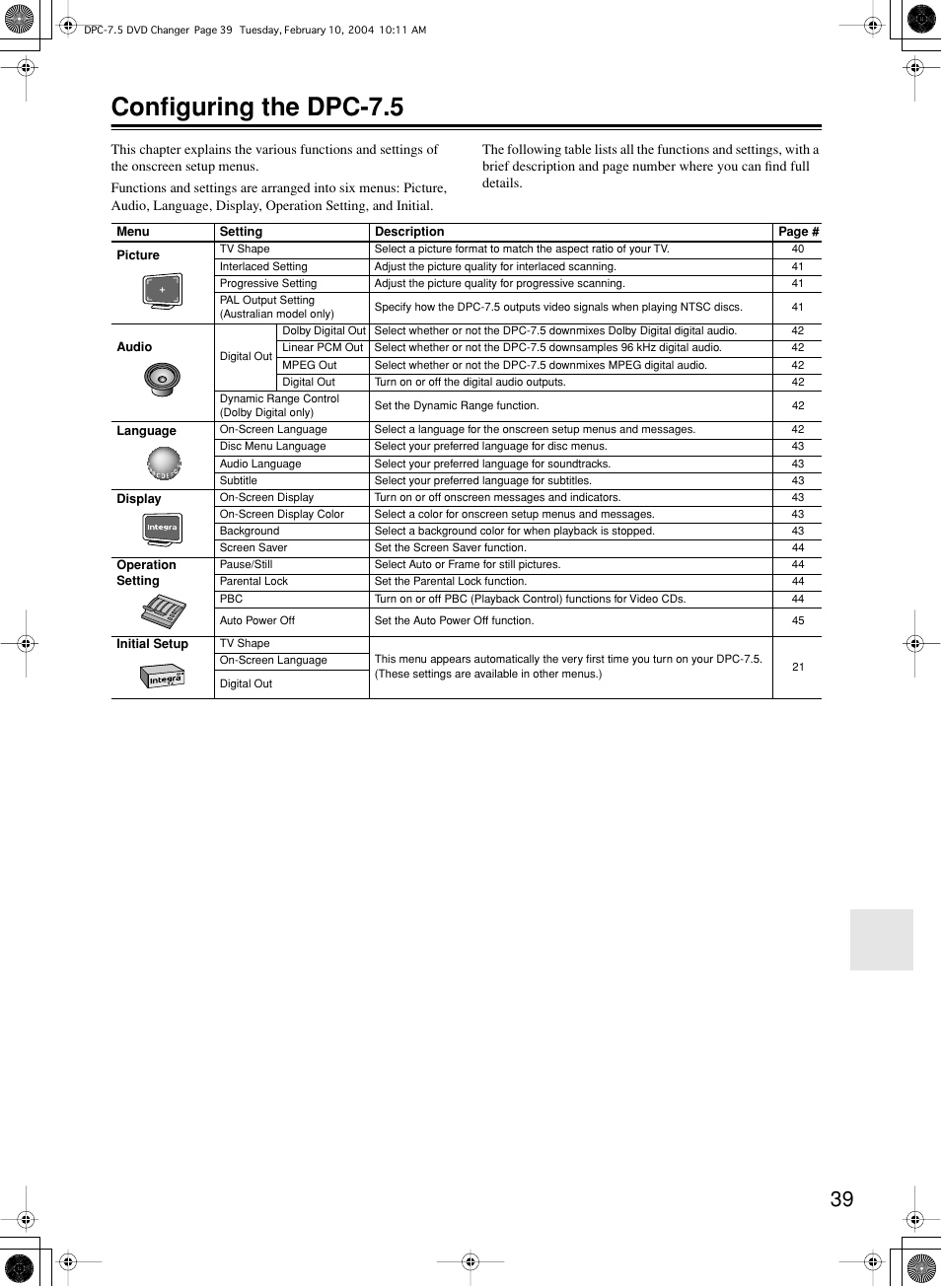Configuring the dpc-7.5 | Integra DPC-7.5 User Manual | Page 39 / 48