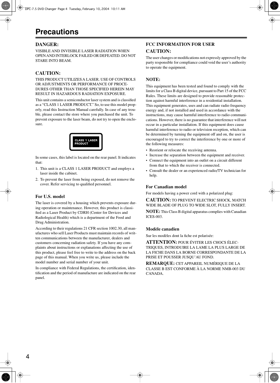 Precautions | Integra DPC-7.5 User Manual | Page 4 / 48