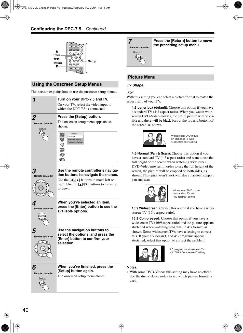 Configuring the dpc-7.5 —continued, Using the onscreen setup menus, Picture menu | Integra DPC-7.5 User Manual | Page 40 / 48