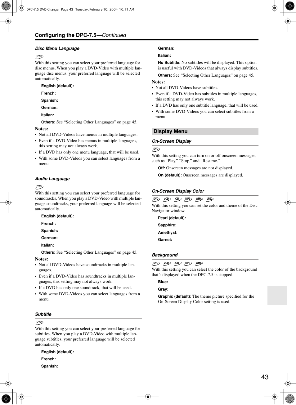 Configuring the dpc-7.5 —continued, Display menu | Integra DPC-7.5 User Manual | Page 43 / 48