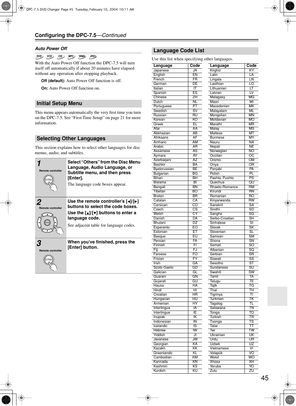 Configuring the dpc-7.5 —continued, Initial setup menu selecting other languages, Language code list | Integra DPC-7.5 User Manual | Page 45 / 48
