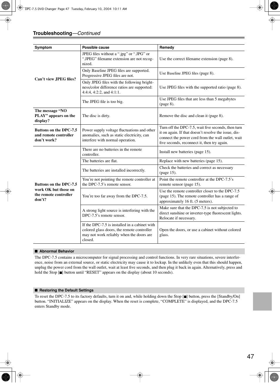 Integra DPC-7.5 User Manual | Page 47 / 48