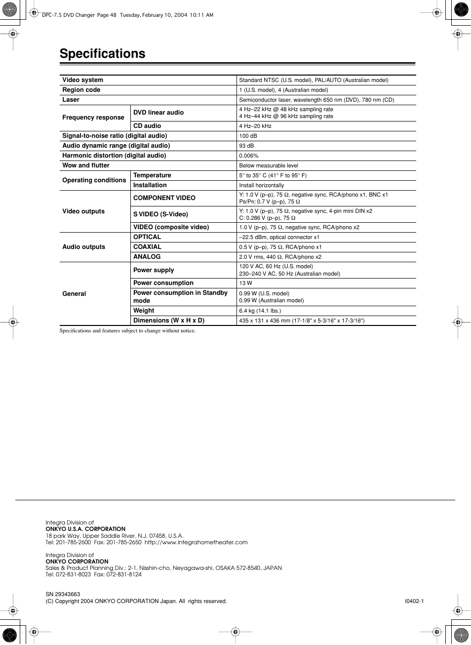 Specifications | Integra DPC-7.5 User Manual | Page 48 / 48
