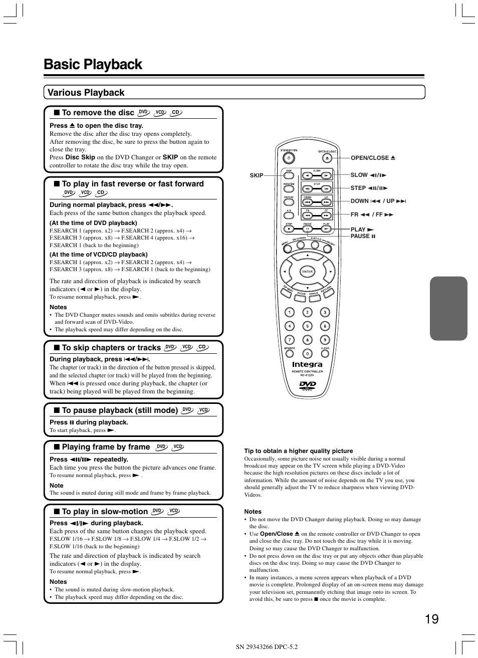 Basic playback, Various playback | Integra DPC-5.2 User Manual | Page 19 / 40