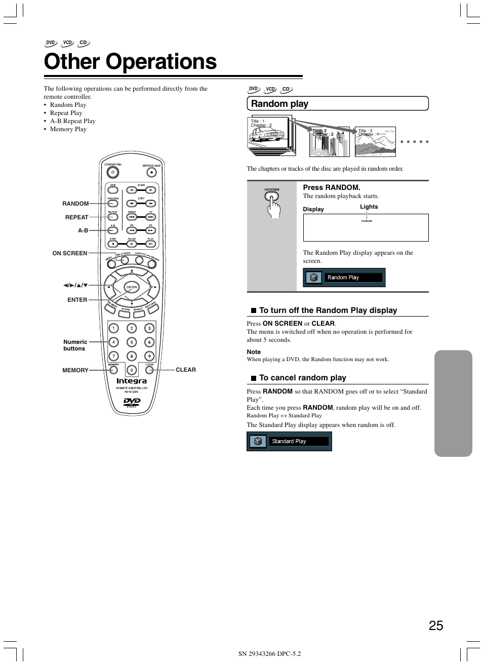 Other operations, Random play | Integra DPC-5.2 User Manual | Page 25 / 40
