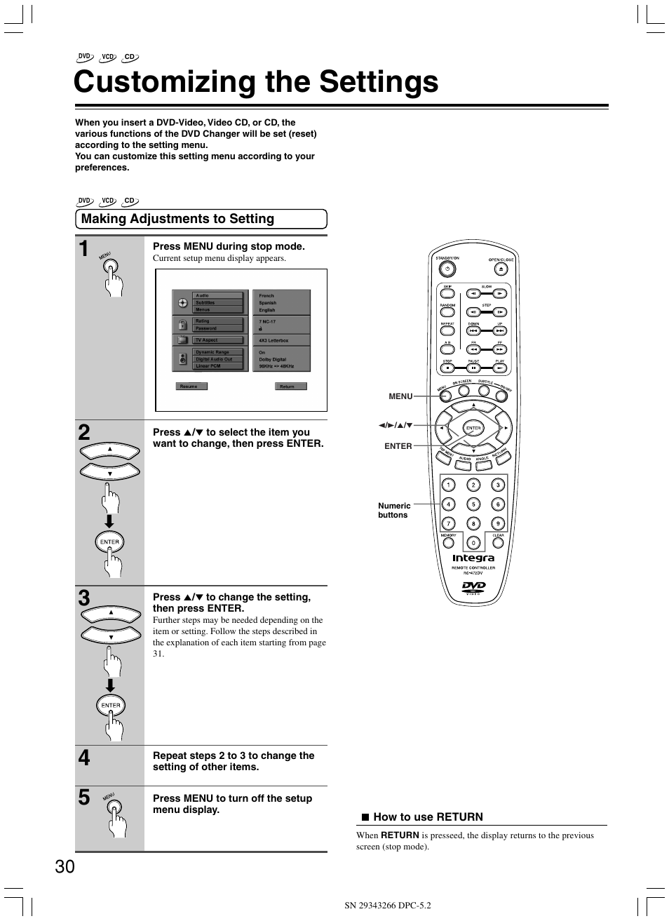 Customizing the settings | Integra DPC-5.2 User Manual | Page 30 / 40