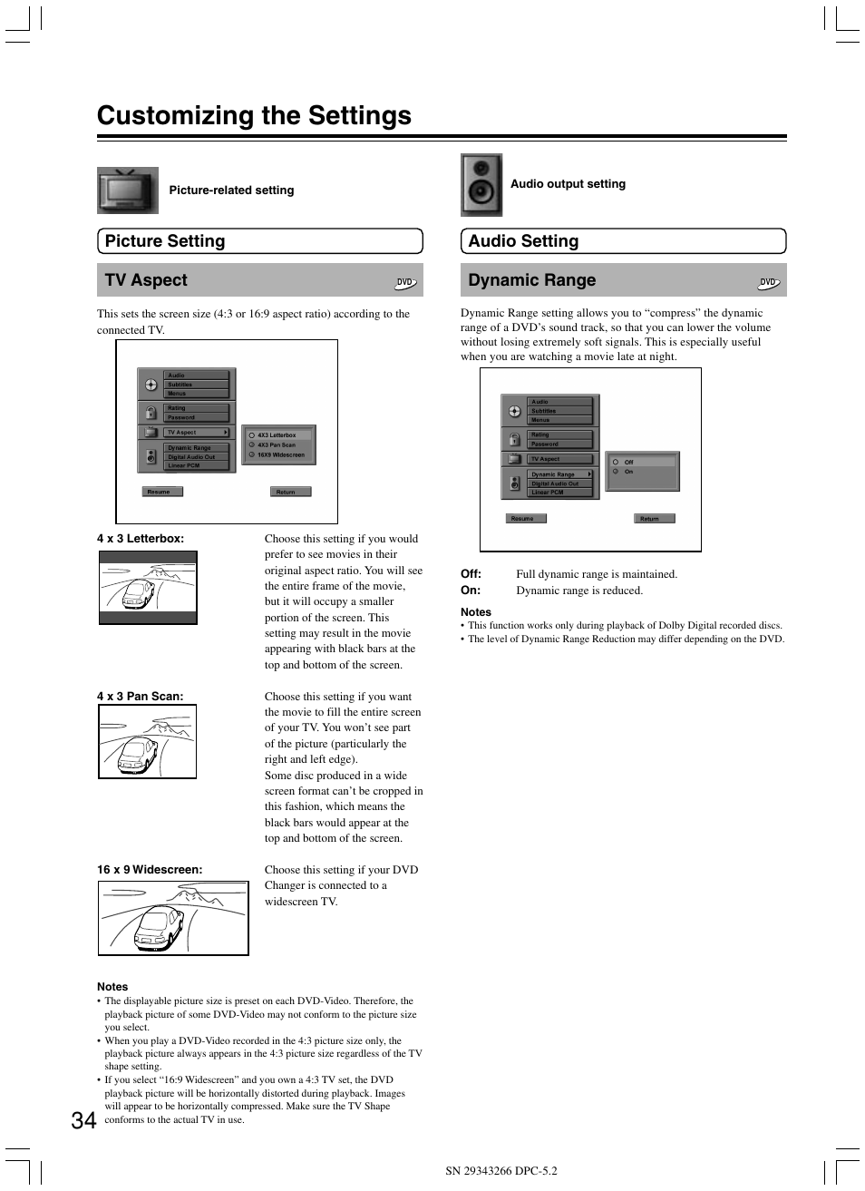 Customizing the settings, Dynamic range, Tv aspect | Picture setting audio setting | Integra DPC-5.2 User Manual | Page 34 / 40