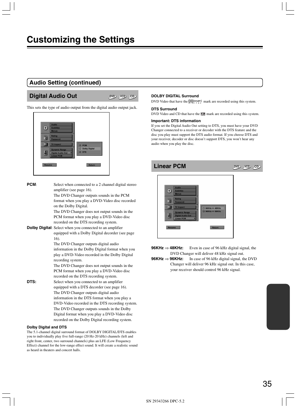 Customizing the settings, Digital audio out, Linear pcm | Audio setting (continued) | Integra DPC-5.2 User Manual | Page 35 / 40
