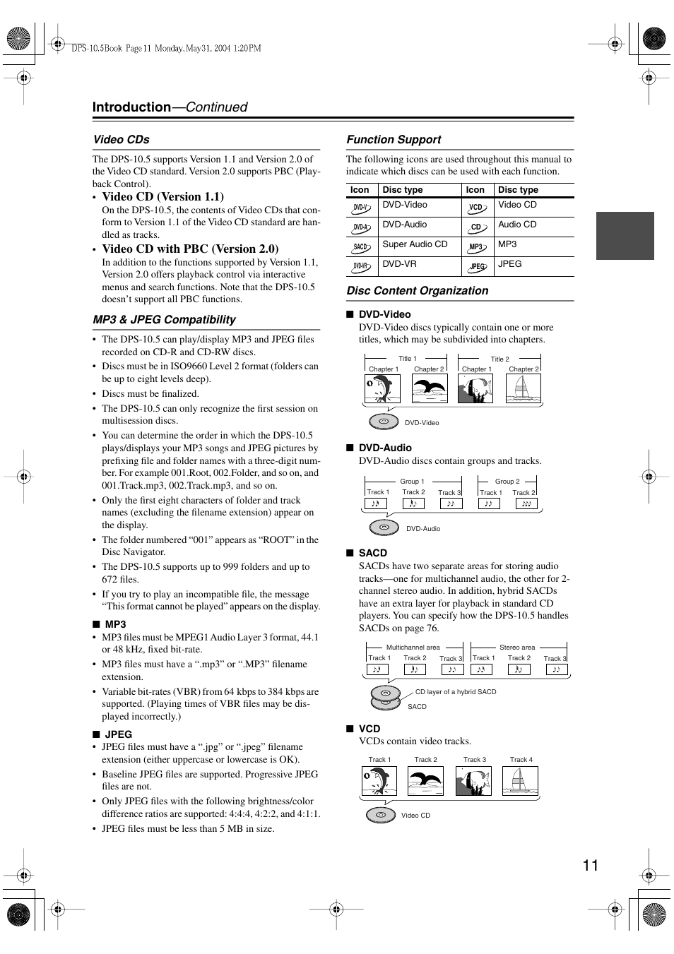 Introduction —continued, Video cd (version 1.1), Video cd with pbc (version 2.0) | Integra DPS-10.5 User Manual | Page 11 / 92