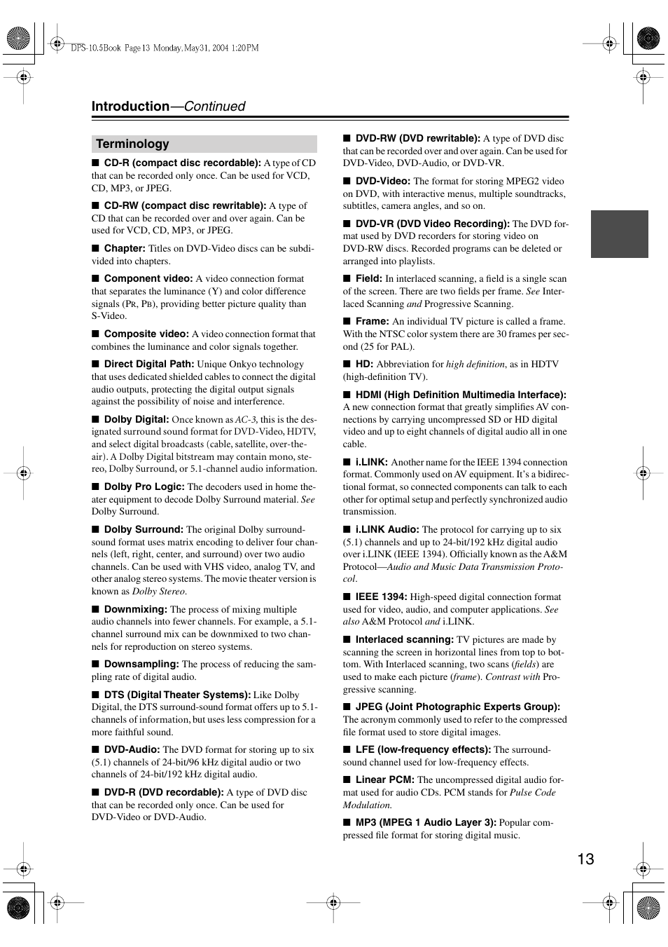 Introduction —continued | Integra DPS-10.5 User Manual | Page 13 / 92