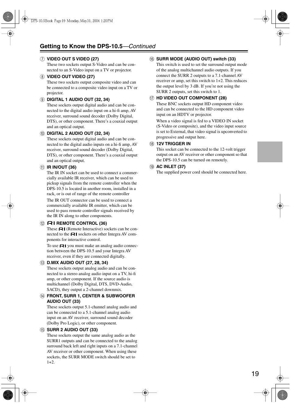Getting to know the dps-10.5 —continued | Integra DPS-10.5 User Manual | Page 19 / 92