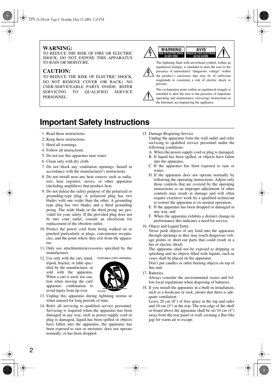 Important safety instructions, Warning, Caution | Integra DPS-10.5 User Manual | Page 2 / 92