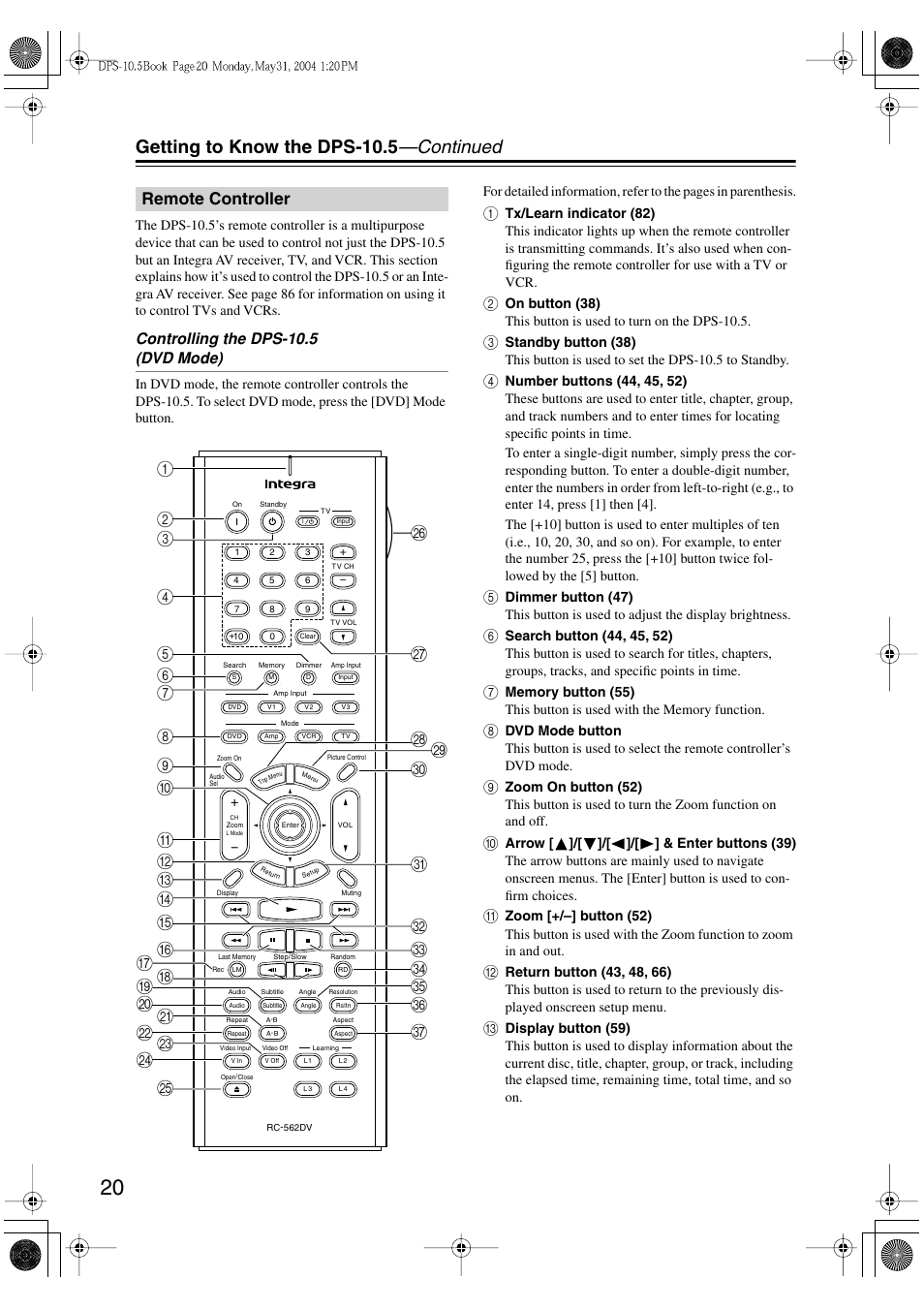 Getting to know the dps-10.5 —continued, Remote controller, Controlling the dps-10.5 (dvd mode) | Integra DPS-10.5 User Manual | Page 20 / 92