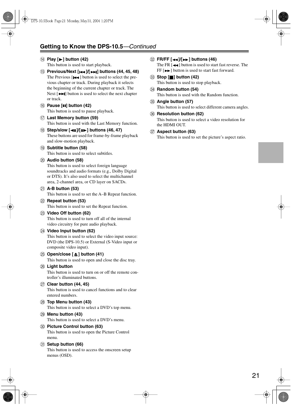 Getting to know the dps-10.5 —continued | Integra DPS-10.5 User Manual | Page 21 / 92