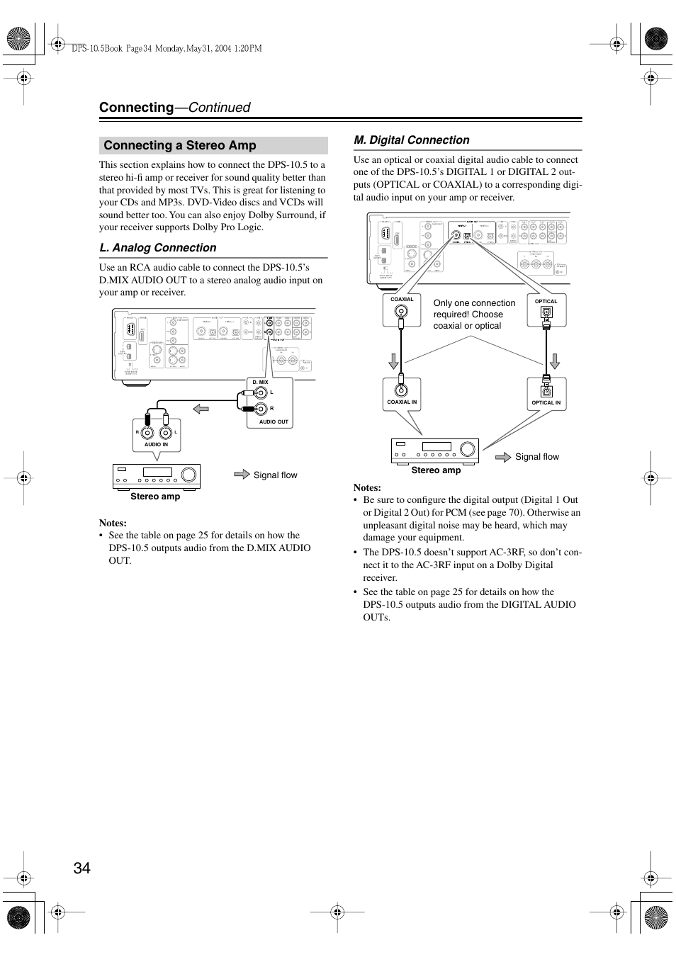 Connecting —continued, Connecting a stereo amp | Integra DPS-10.5 User Manual | Page 34 / 92