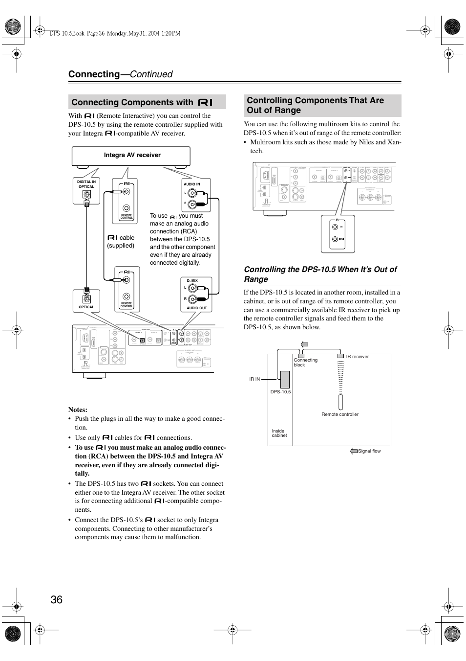 Connecting —continued, Connecting components with, Controlling components that are out of range | Controlling the dps-10.5 when it’s out of range, Integra av receiver to use, Cable (supplied) | Integra DPS-10.5 User Manual | Page 36 / 92