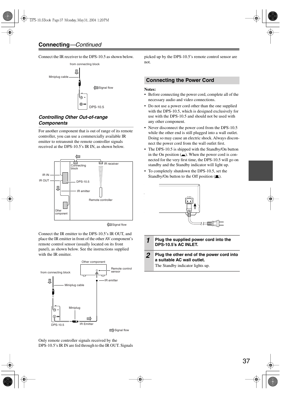 Connecting —continued, Connecting the power cord, Controlling other out-of-range components | Integra DPS-10.5 User Manual | Page 37 / 92