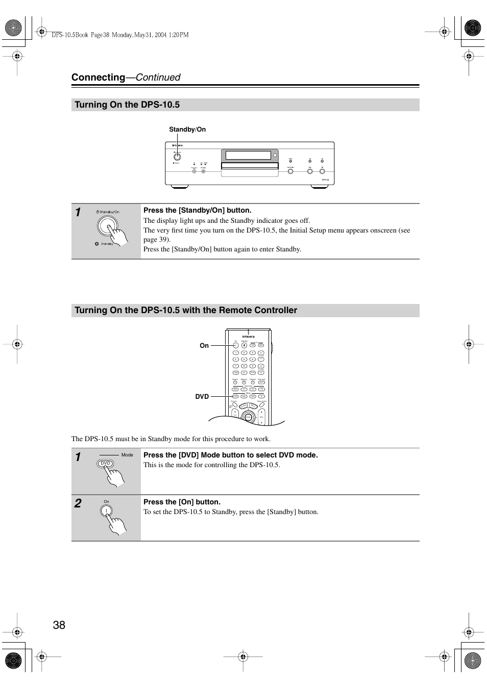 Connecting —continued, Turning on the dps-10.5, Turning on the dps-10.5 with the remote controller | Standby/on, Dvd on | Integra DPS-10.5 User Manual | Page 38 / 92