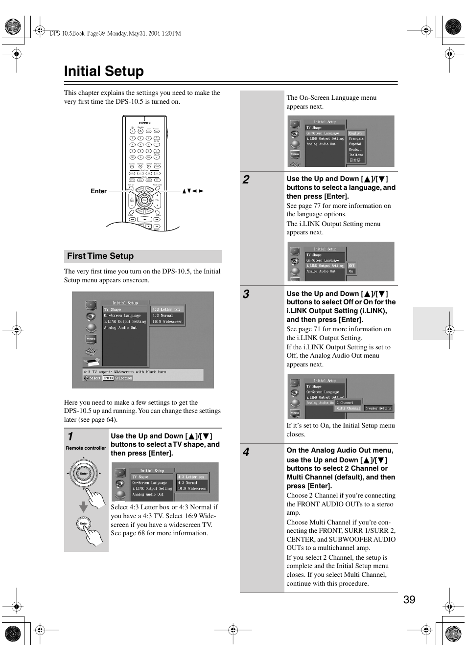 Initial setup, First time setup, The on-screen language menu appears next | Integra DPS-10.5 User Manual | Page 39 / 92