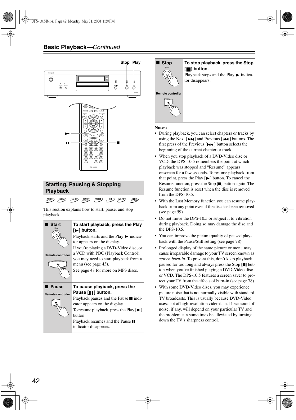 Basic playback —continued, Starting, pausing & stopping playback | Integra DPS-10.5 User Manual | Page 42 / 92