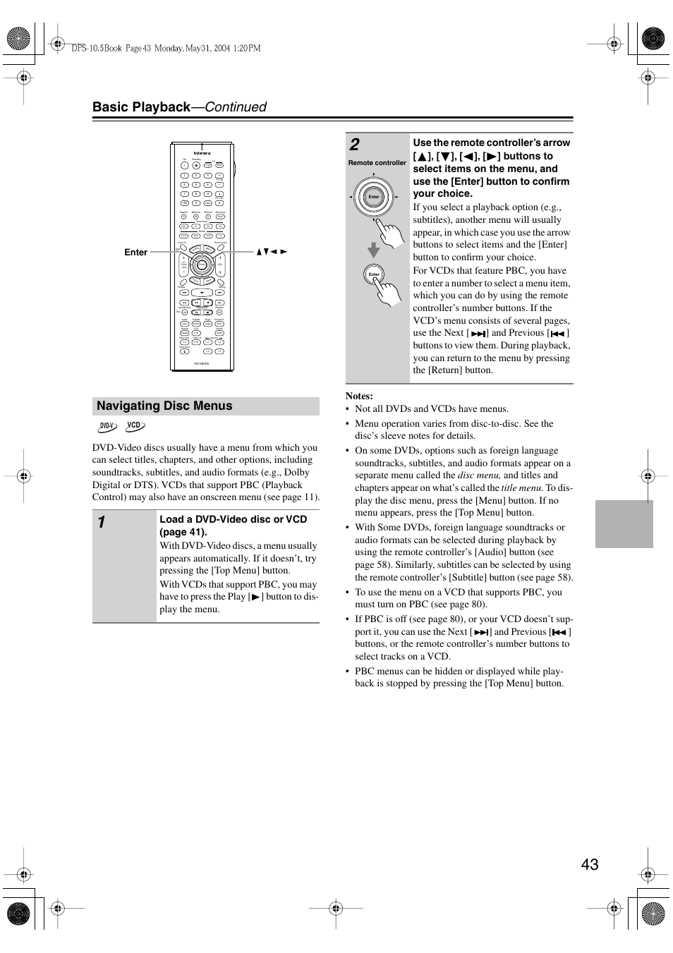 Basic playback —continued, Navigating disc menus, Enter | Integra DPS-10.5 User Manual | Page 43 / 92