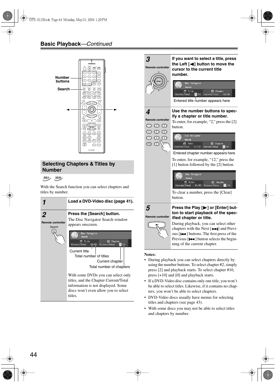 Basic playback —continued, Selecting chapters & titles by number, Load a dvd-video disc (page 41) | Search number buttons, Entered title number appears here, Entered chapter number appears here | Integra DPS-10.5 User Manual | Page 44 / 92