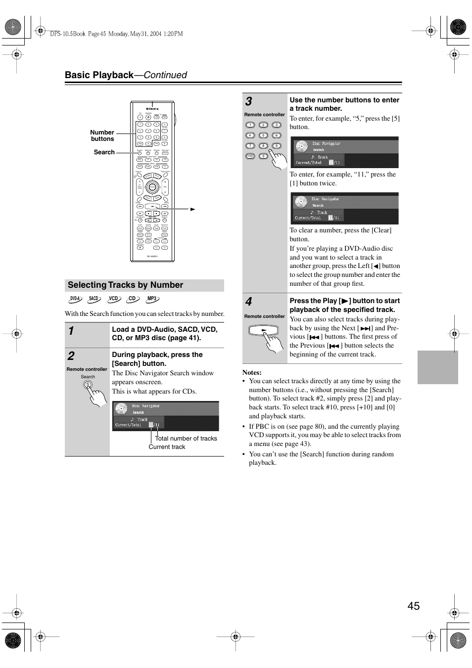 Basic playback —continued, Selecting tracks by number, Search number buttons | Current track total number of tracks | Integra DPS-10.5 User Manual | Page 45 / 92