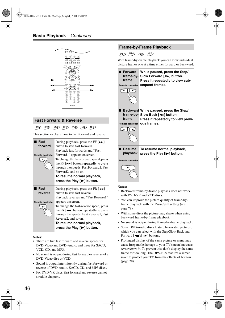Basic playback —continued, Fast forward & reverse, Frame-by-frame playback | Integra DPS-10.5 User Manual | Page 46 / 92