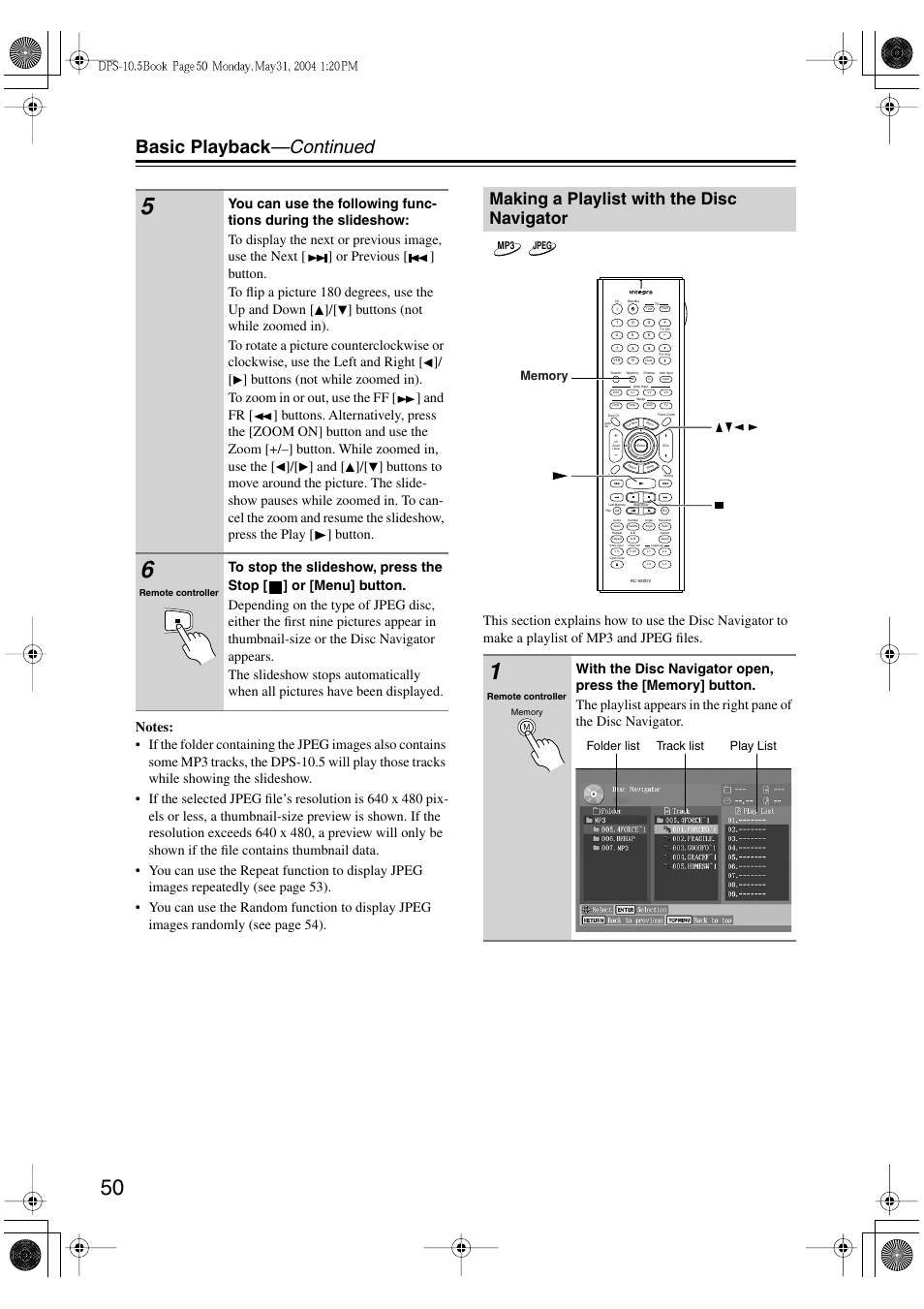Basic playback —continued, Making a playlist with the disc navigator, Folder list track list play list | Integra DPS-10.5 User Manual | Page 50 / 92