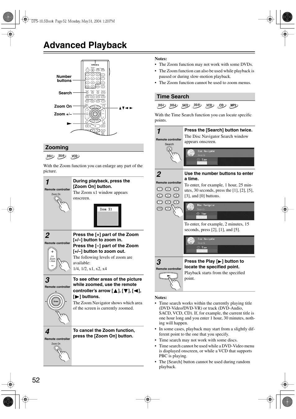 Advanced playback, Zooming, Time search | Integra DPS-10.5 User Manual | Page 52 / 92