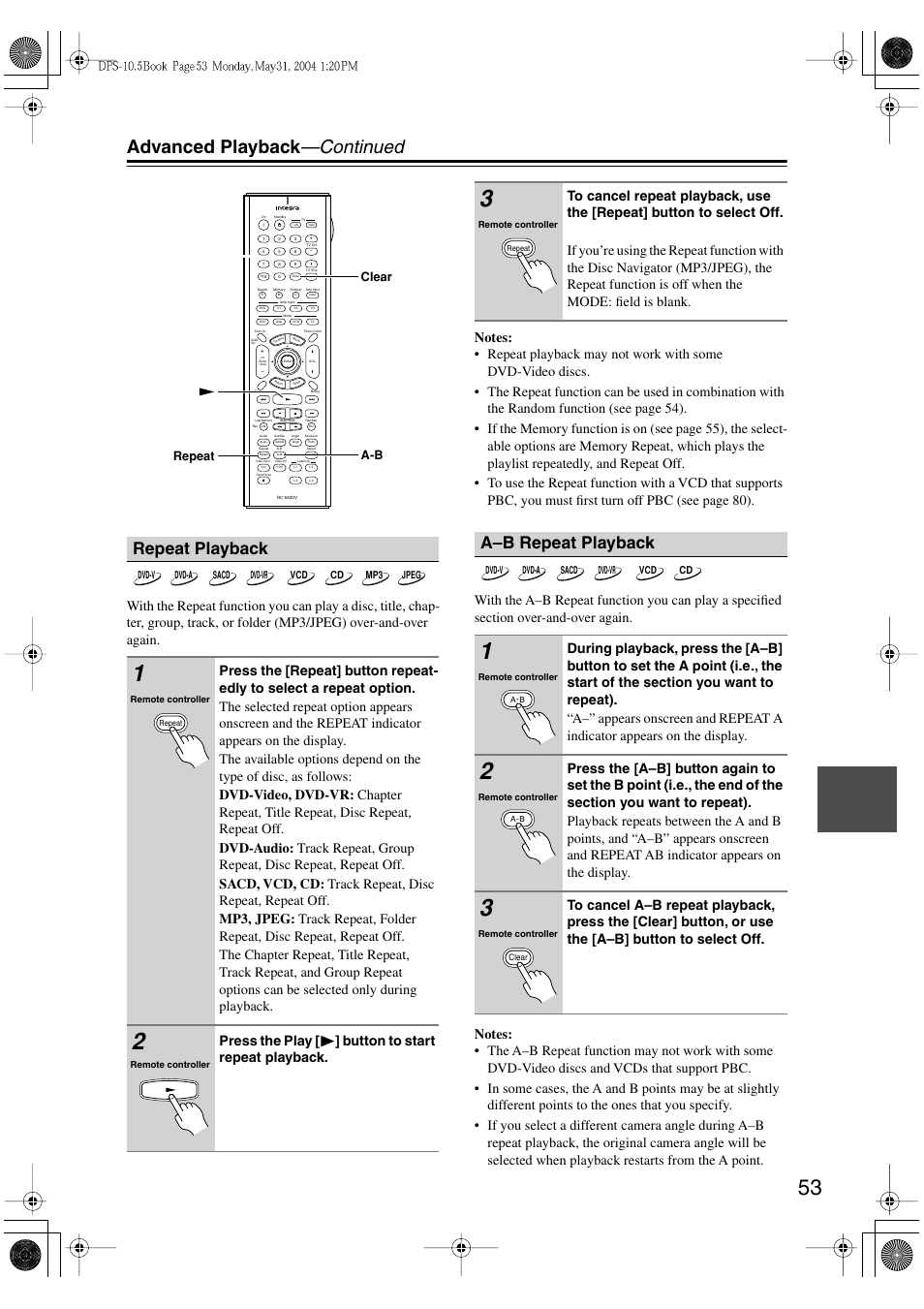 Advanced playback —continued, Repeat playback, A–b repeat playback | Press the play [ ] button to start repeat playback | Integra DPS-10.5 User Manual | Page 53 / 92