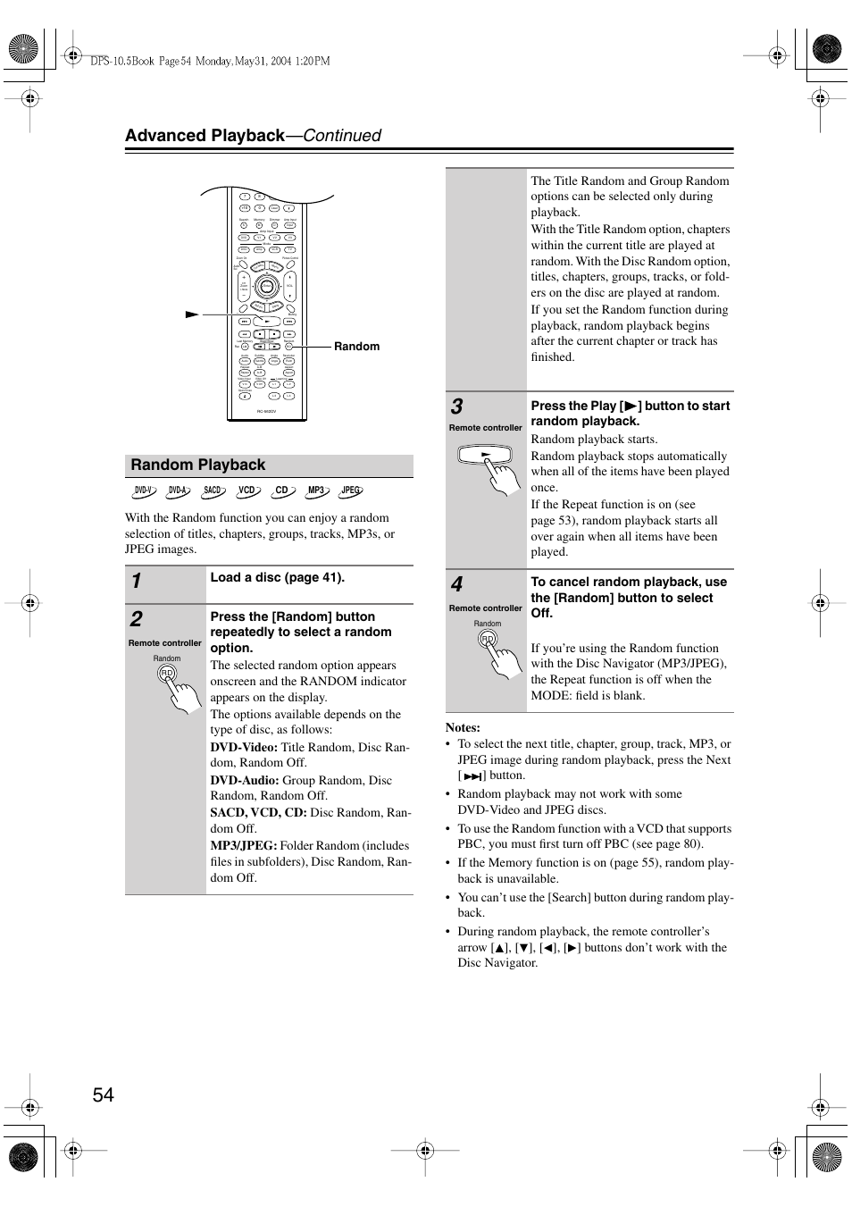 Advanced playback —continued, Random playback, Load a disc (page 41) | Integra DPS-10.5 User Manual | Page 54 / 92