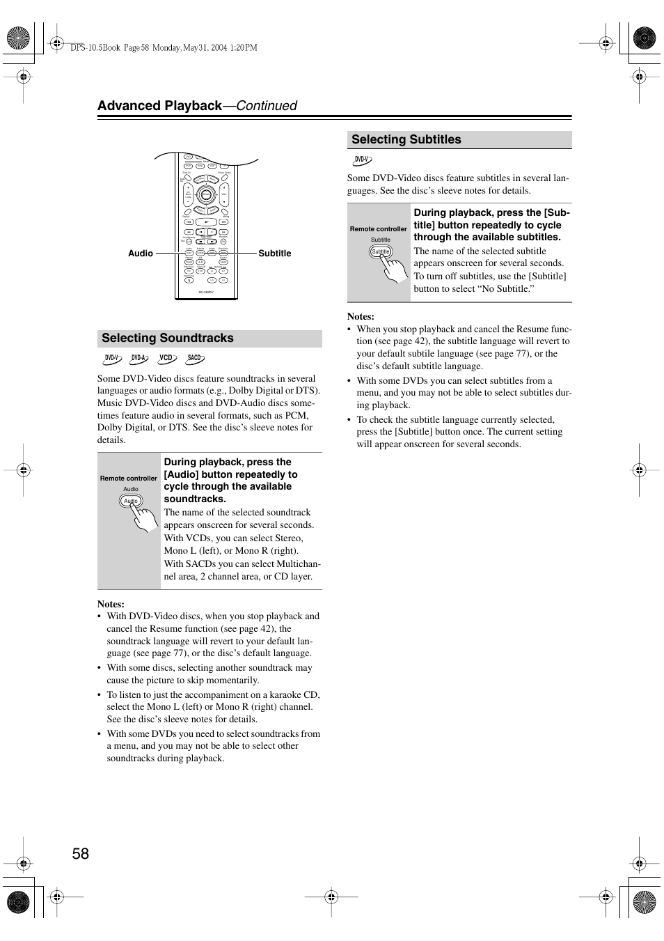Advanced playback —continued, Selecting soundtracks, Selecting subtitles | Subtitle audio | Integra DPS-10.5 User Manual | Page 58 / 92
