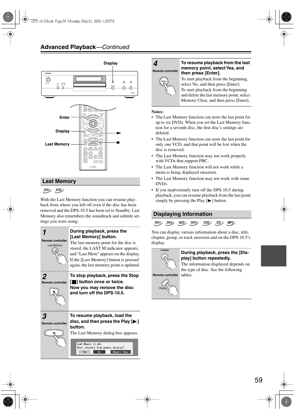 Advanced playback —continued, Displaying information | Integra DPS-10.5 User Manual | Page 59 / 92