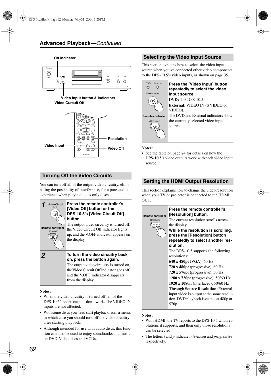 Advanced playback —continued, Turning off the video circuits, Selecting the video input source | Setting the hdmi output resolution | Integra DPS-10.5 User Manual | Page 62 / 92