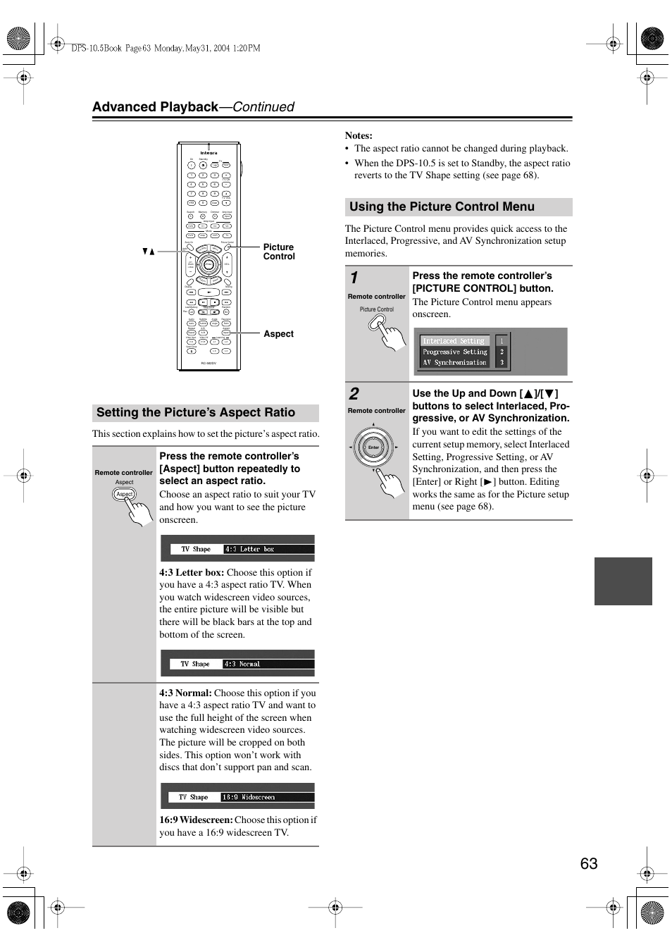 Advanced playback —continued, Setting the picture’s aspect ratio, Using the picture control menu | Picture control aspect | Integra DPS-10.5 User Manual | Page 63 / 92