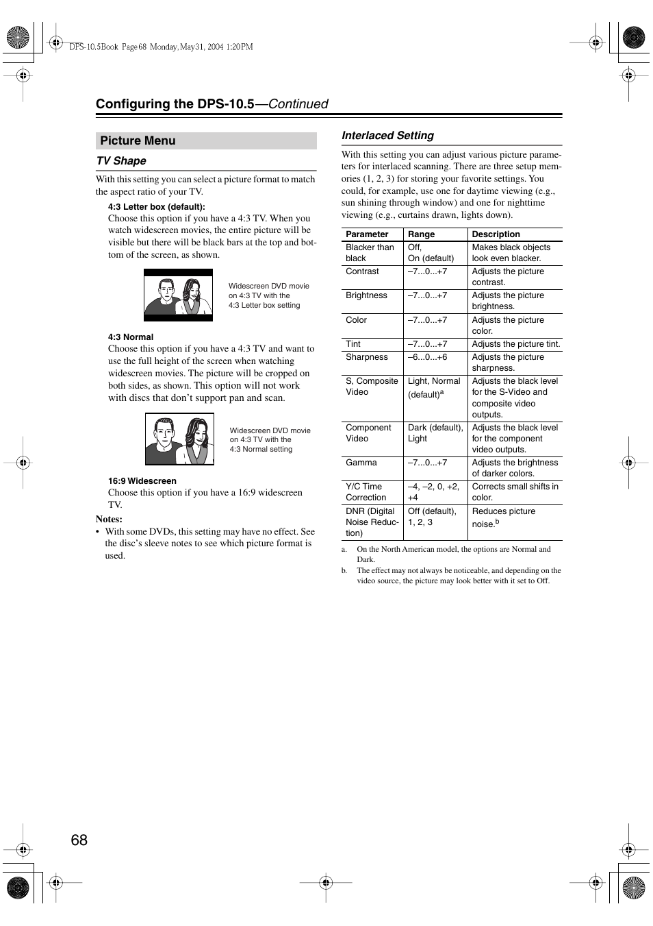 Configuring the dps-10.5 —continued, Picture menu | Integra DPS-10.5 User Manual | Page 68 / 92