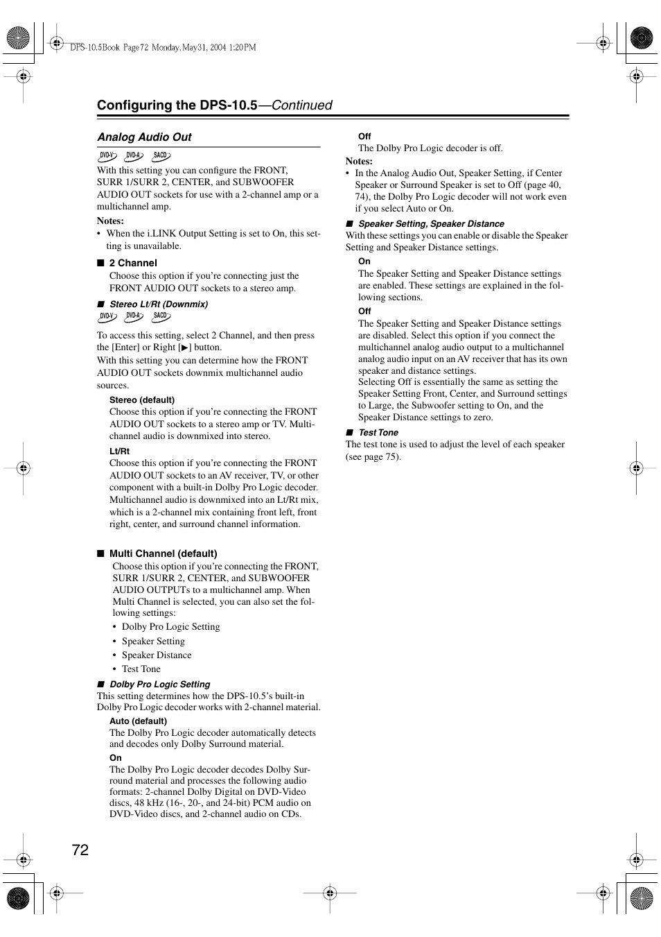 Configuring the dps-10.5 —continued | Integra DPS-10.5 User Manual | Page 72 / 92