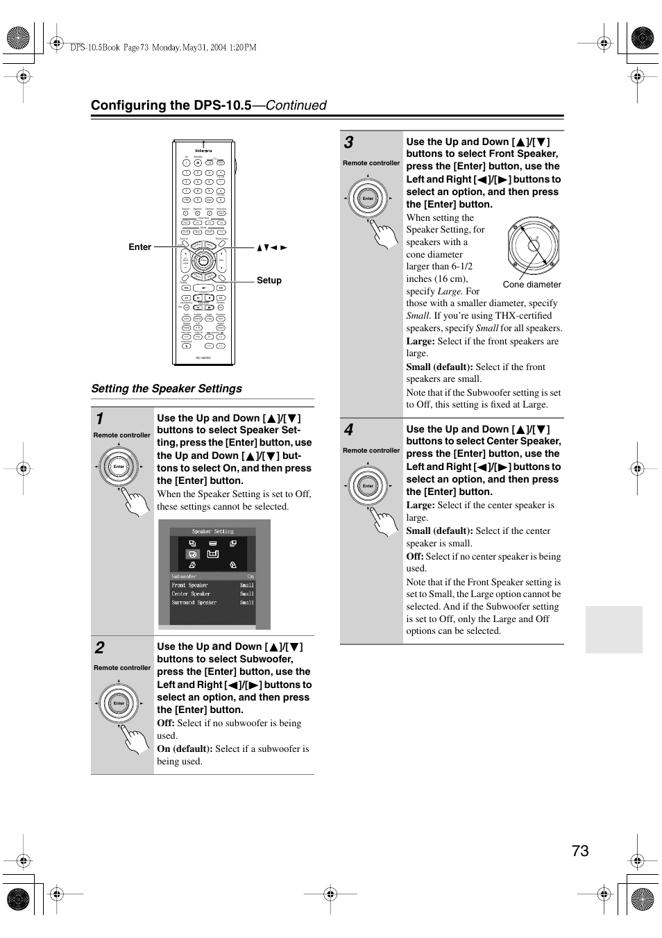 Configuring the dps-10.5 —continued, Setting the speaker settings, Use the up | Integra DPS-10.5 User Manual | Page 73 / 92
