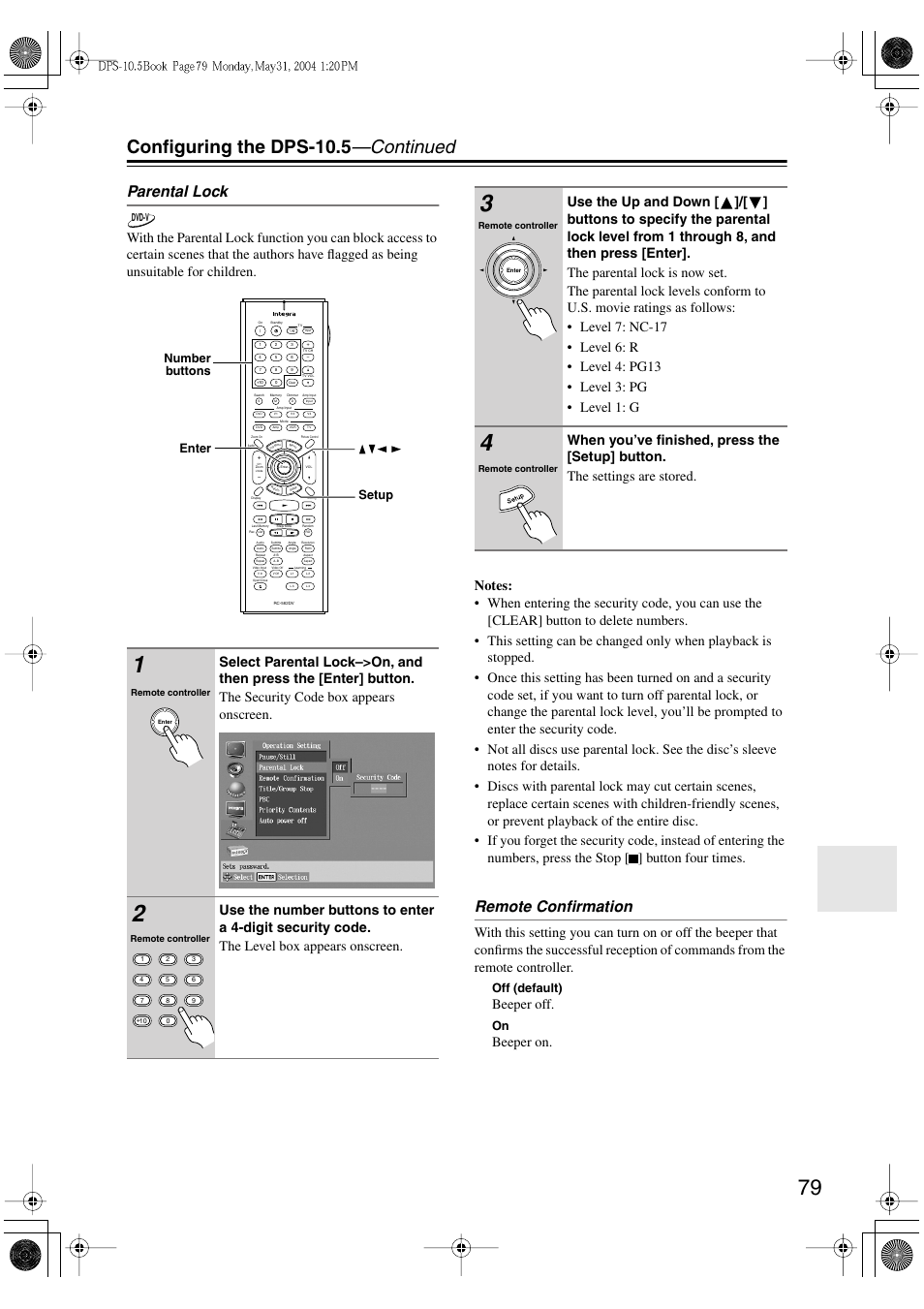 Configuring the dps-10.5 —continued, Parental lock, Remote confirmation | Beeper off, Beeper on, Off (default), Enter setup number buttons | Integra DPS-10.5 User Manual | Page 79 / 92