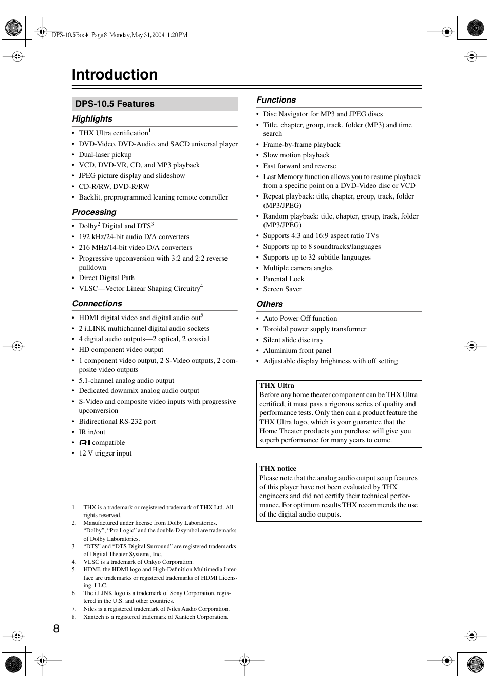 Introduction | Integra DPS-10.5 User Manual | Page 8 / 92