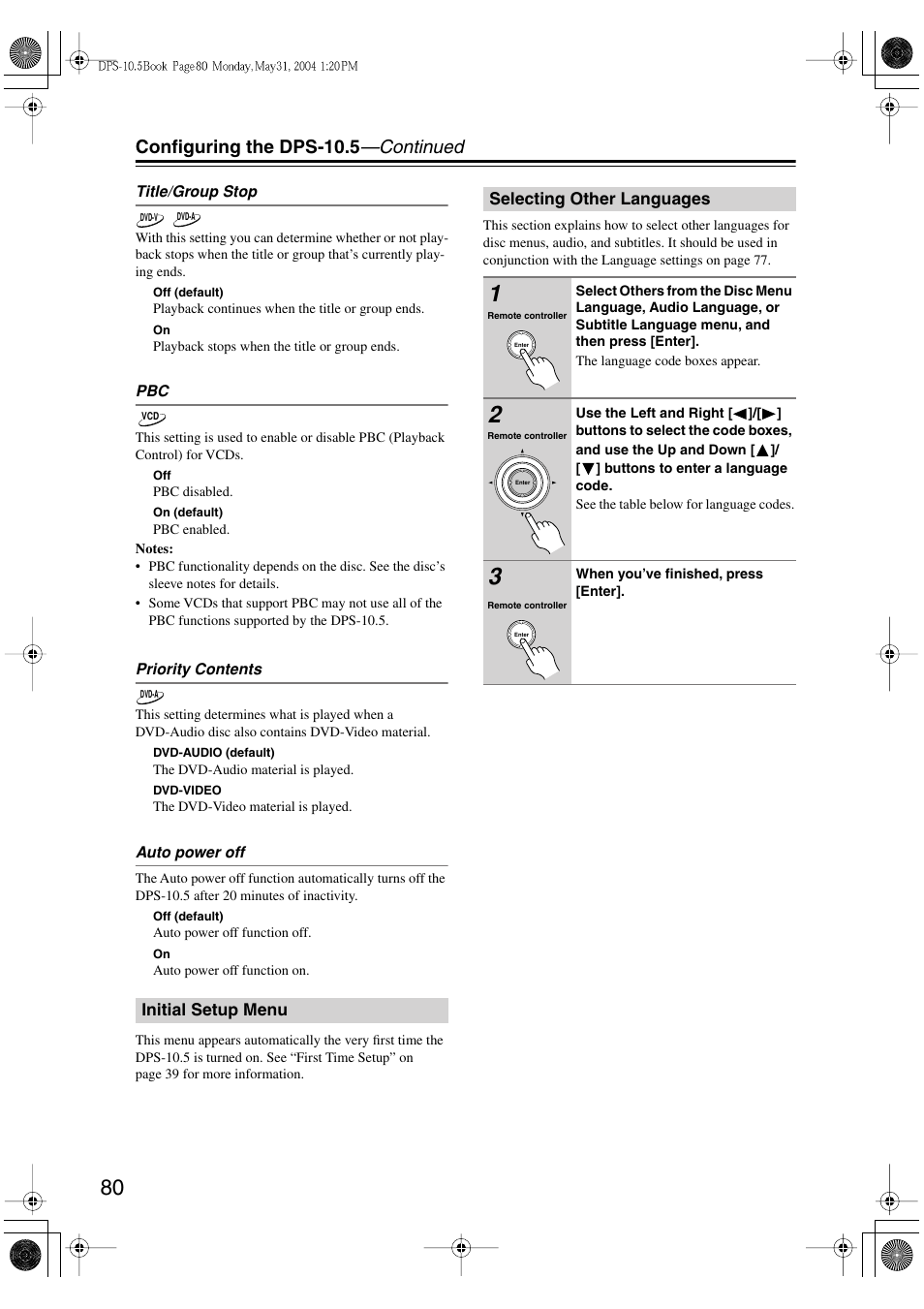 Configuring the dps-10.5 —continued | Integra DPS-10.5 User Manual | Page 80 / 92