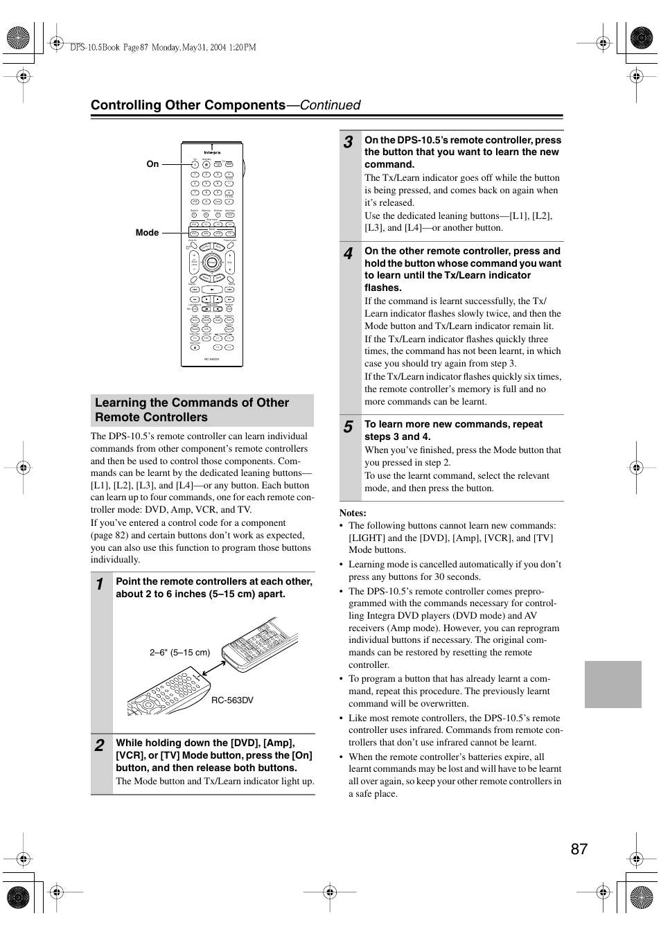 Controlling other components —continued, Learning the commands of other remote controllers | Integra DPS-10.5 User Manual | Page 87 / 92