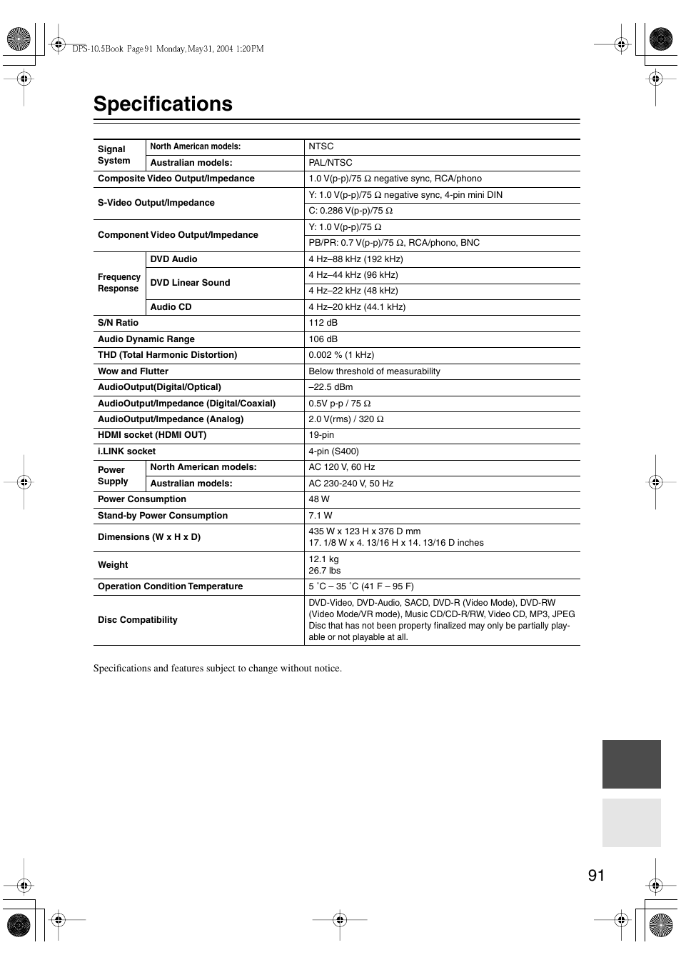 Specifications | Integra DPS-10.5 User Manual | Page 91 / 92
