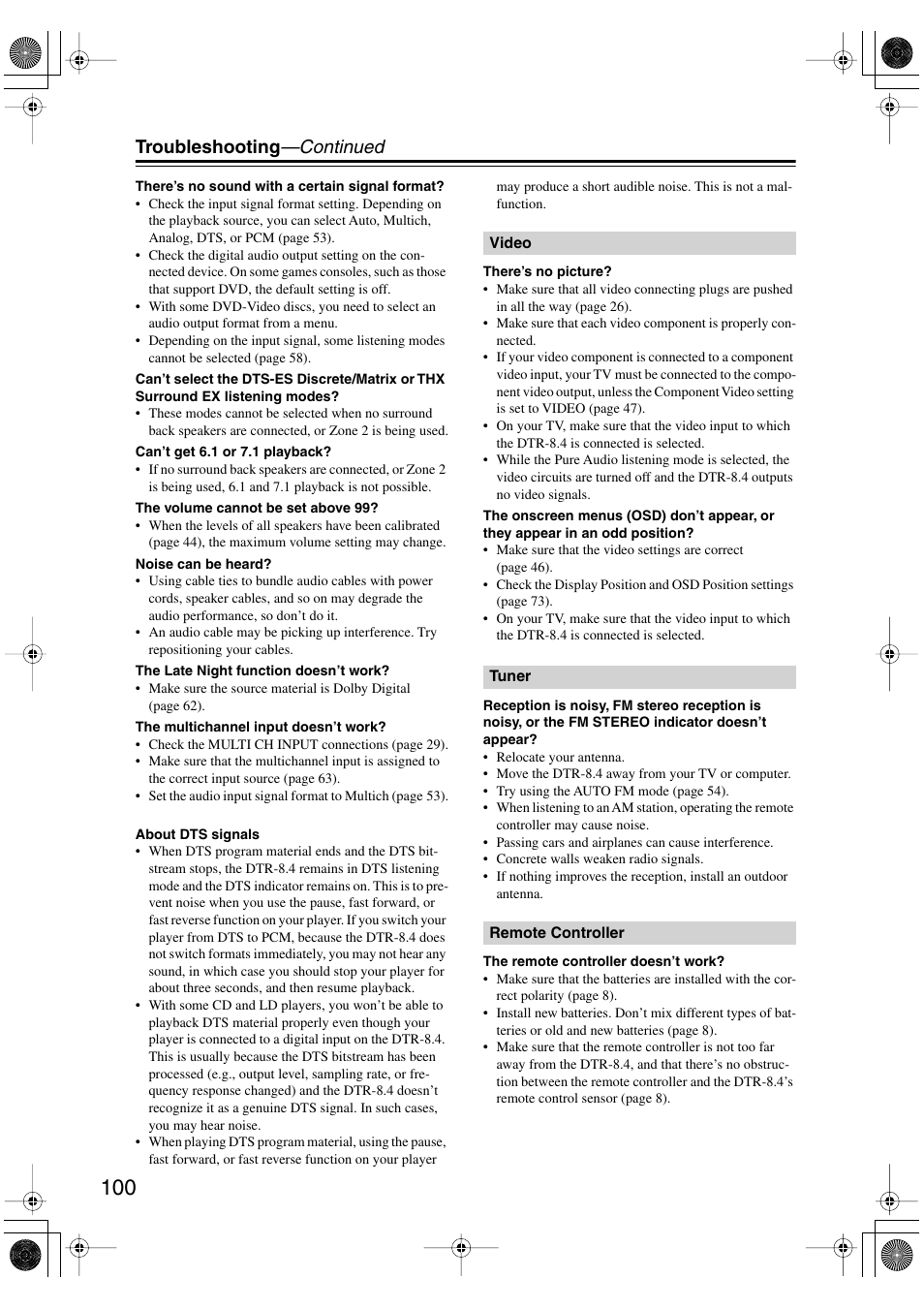 Troubleshooting —continued | Integra DTR-8.4 User Manual | Page 100 / 109