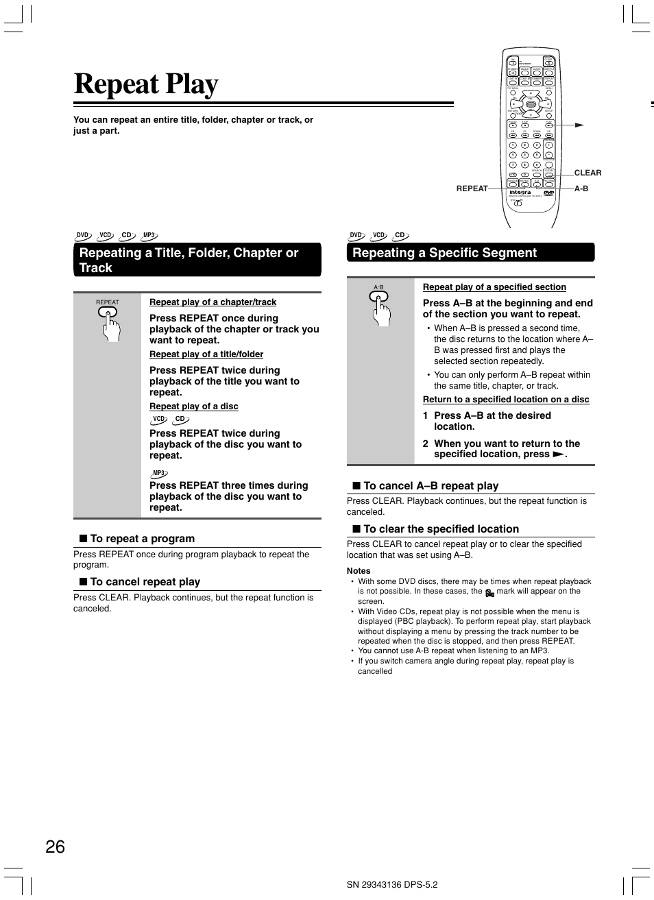 Repeat play, Repeating a title, folder, chapter or track, Repeating a specific segment | Repeat play of a chapter/track, Repeat play of a title/folder, Repeat play of a disc | Integra DPS-5.2 User Manual | Page 26 / 60