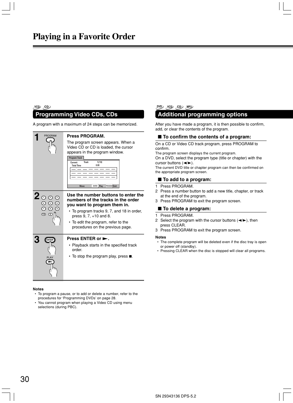 Playing in a favorite order, Programming video cds, cds, Additional programming options | Integra DPS-5.2 User Manual | Page 30 / 60