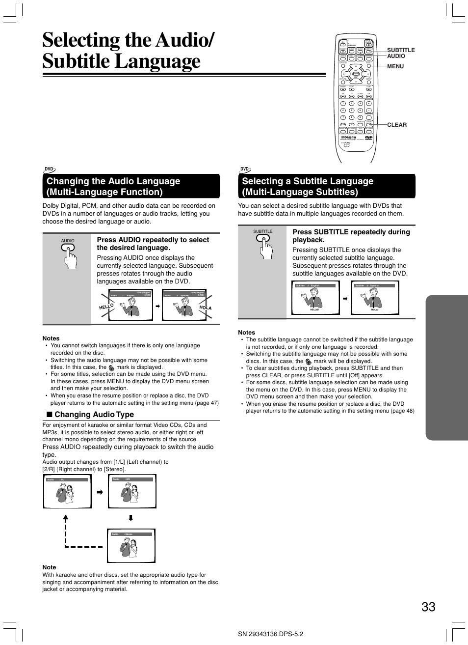 Selecting the audio/ subtitle language, Changing audio type, Press subtitle repeatedly during playback | Subtitle audio menu clear | Integra DPS-5.2 User Manual | Page 33 / 60