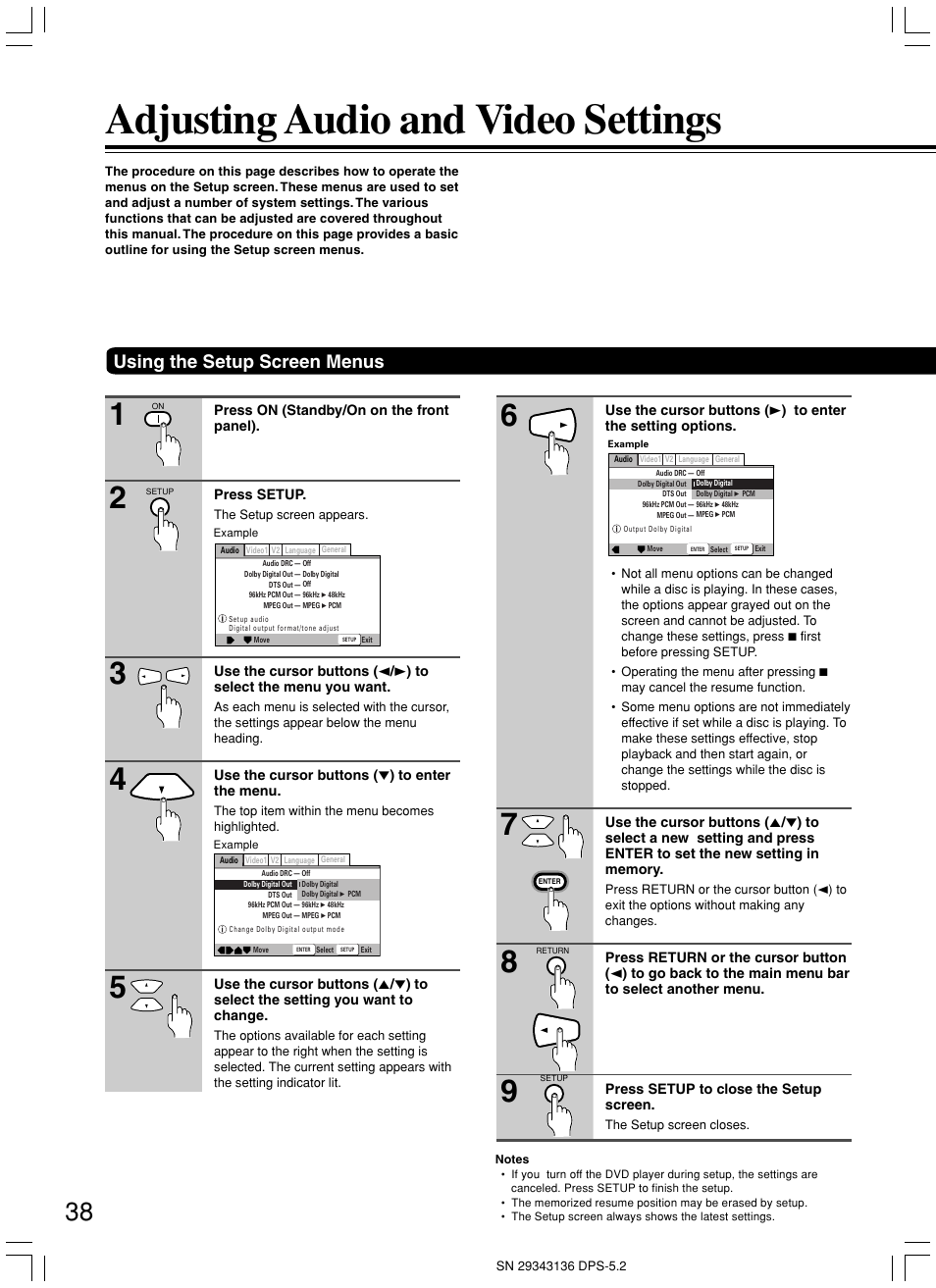 Adjusting audio and video settings, Using the setup screen menus | Integra DPS-5.2 User Manual | Page 38 / 60